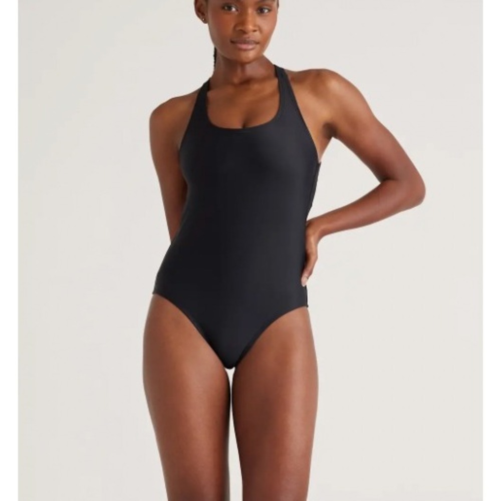 NEW Quince Italian Cross-Back One-Piece Swimsuit Black Size Medium Beach Resort